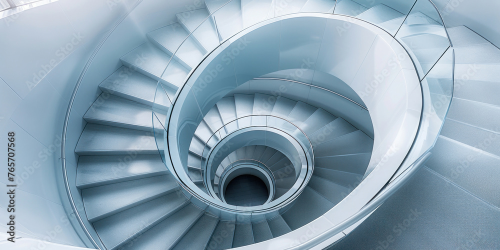 Fototapeta premium Modern office building interior with spiral staircase, white walls, and glass window in the center