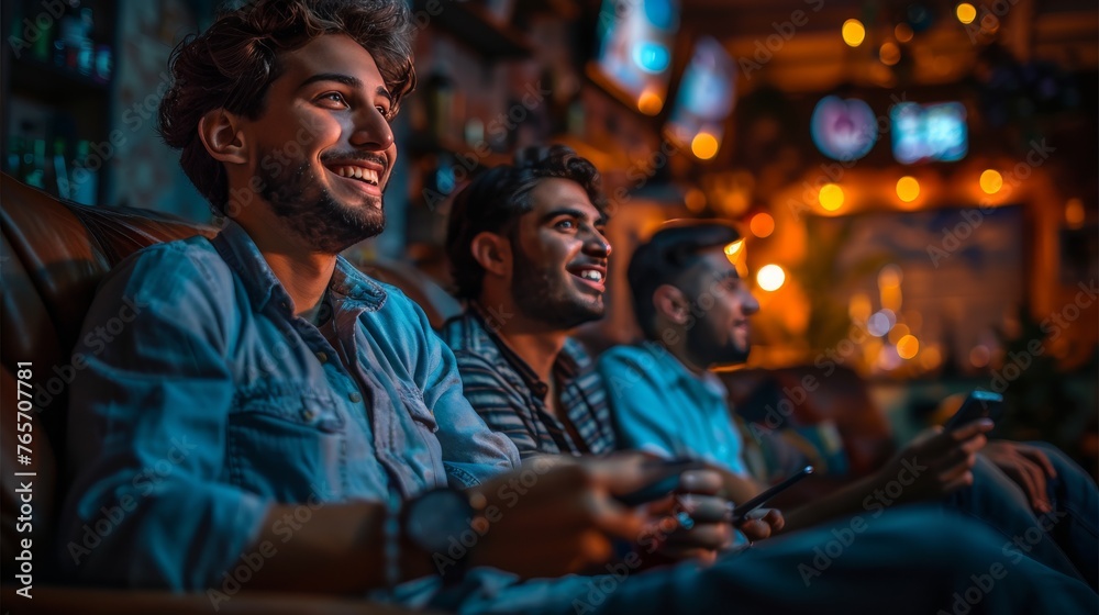 Three men are sitting on a couch, smiling and holding video game controllers