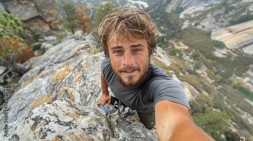 A man is taking a selfie from a high place, with a beautiful view of the ocean