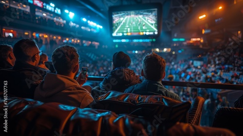 A group of people are watching a football game in a stadium