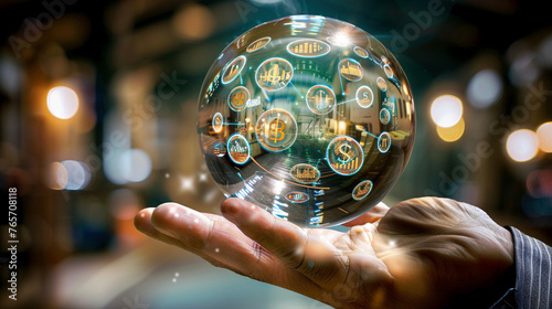 Businessman s Hand Holding Crystal Ball with Financial Symbols