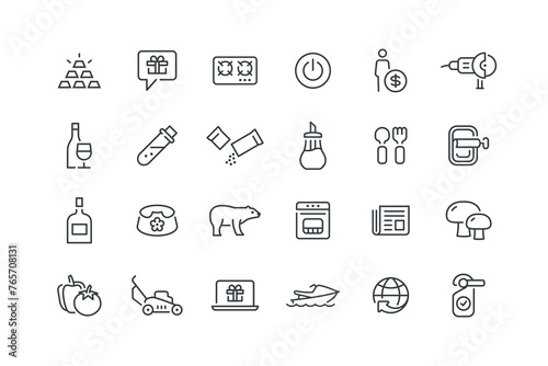 Bar chart,Business man,Button power,Gas stove burner,Gift message talk,Gold bullion ingot ingots,Grinder tool,Hotel clean,International globalJet ski jetski,set icons, vector illustration