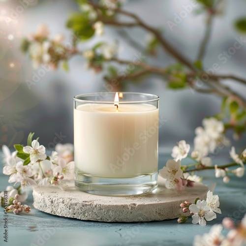blank scented candle clear glass mock up spring vibes A scented candle in a clear glass holder brings a touch of spring indoors with delicate white blossom branches
