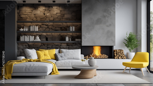 Modern living room interior with fireplace, sofa, armchair, coffee table, and bookshelves.