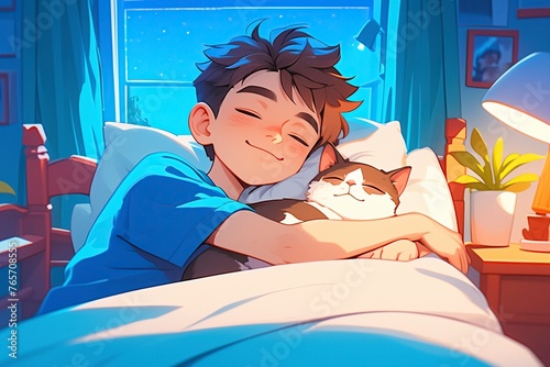 Man sleeping and dreaming in bed with cat. Bedtime concept. Anime style illustration