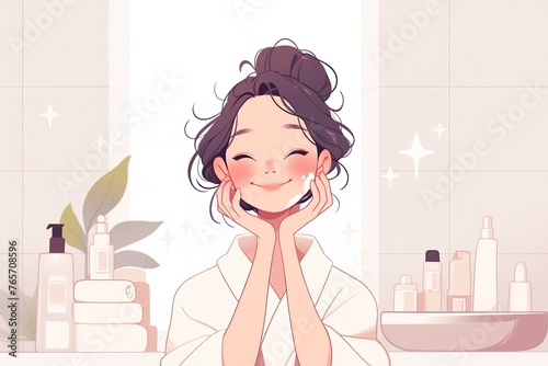 Skin care routine, woman applying cleansing and moisturizing face skincare at home