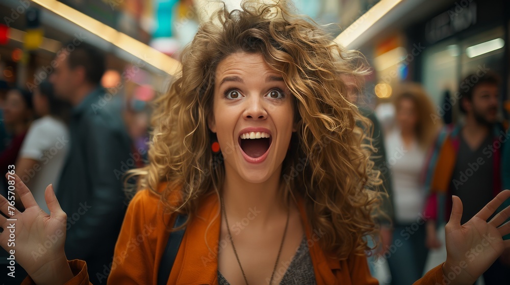 Fototapeta premium A woman with long hair is in a mall with other people