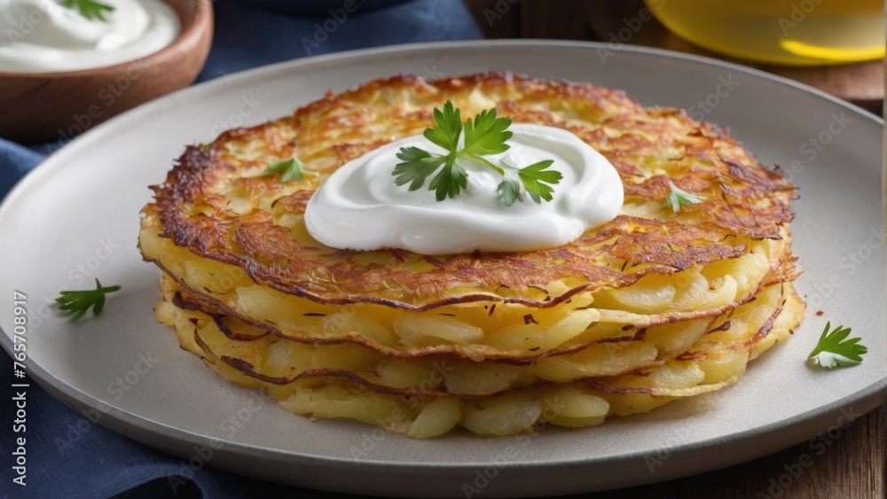 Homemade pancakes with grated potatoes and sour cream
