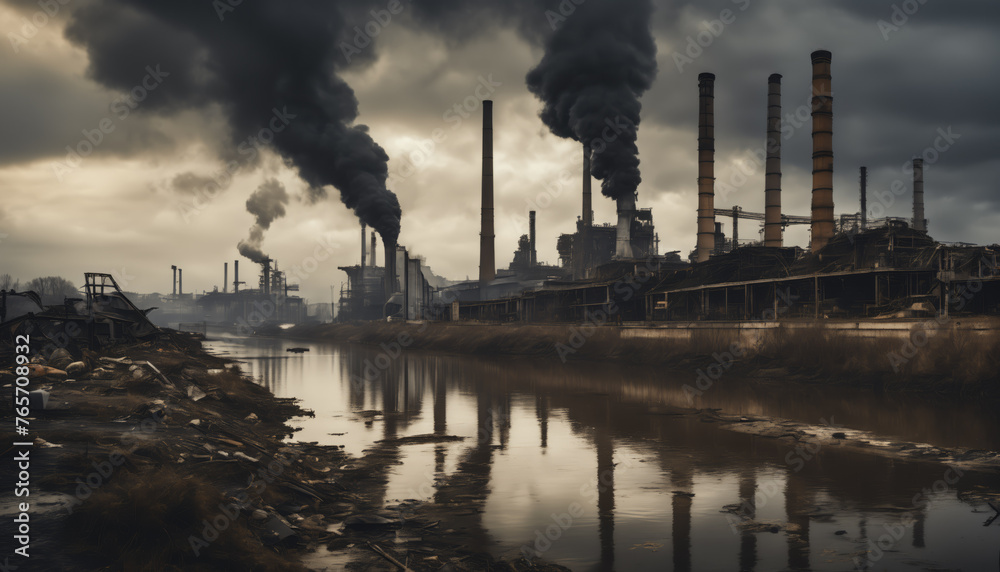 Industrial Zone Pollution with Smoky Factory Chimneys