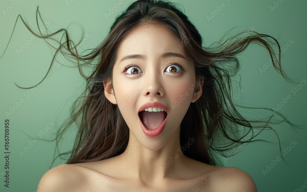 A woman with long hair is smiling and her hair is blowing in the wind