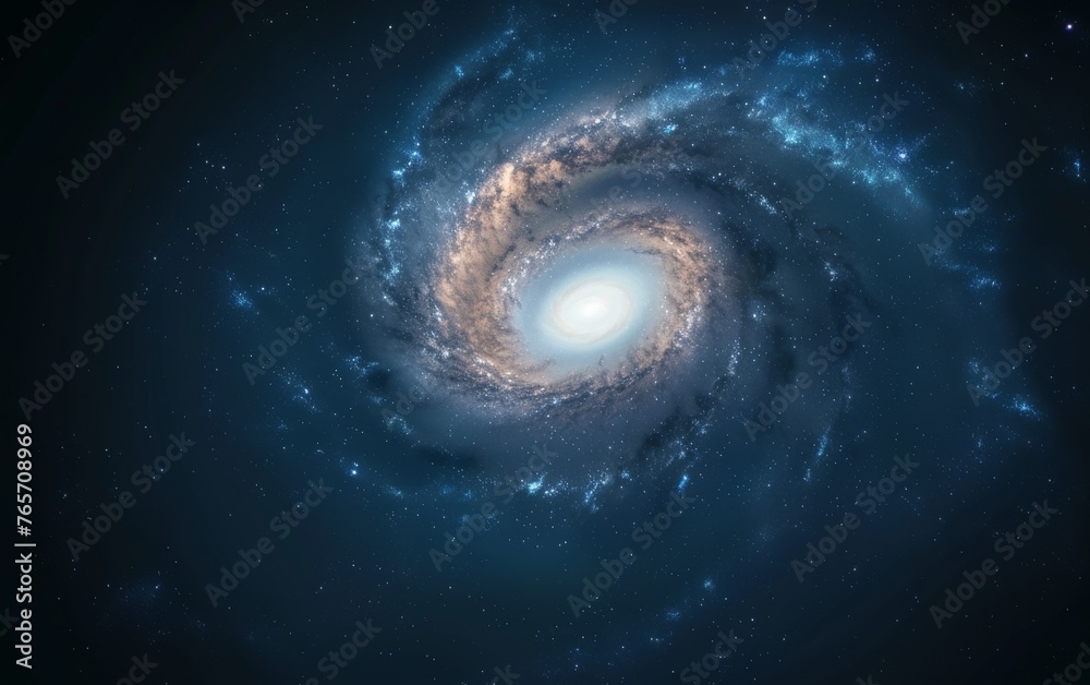A spiral galaxy with a bright white star in the center