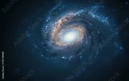 A spiral galaxy with a bright white star in the center