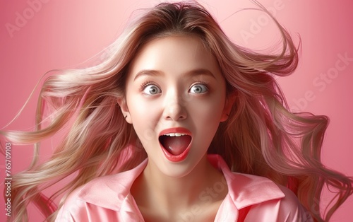 A woman with pink hair and pink lips is making a surprised face