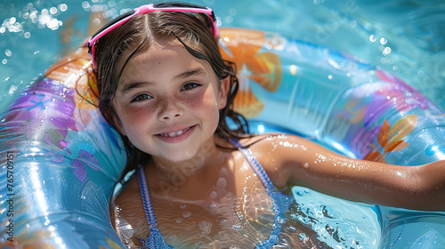 high angle view of little girl at the pool, with gogles and colorful lifering, summertime fun for kids, outdoor activities photo