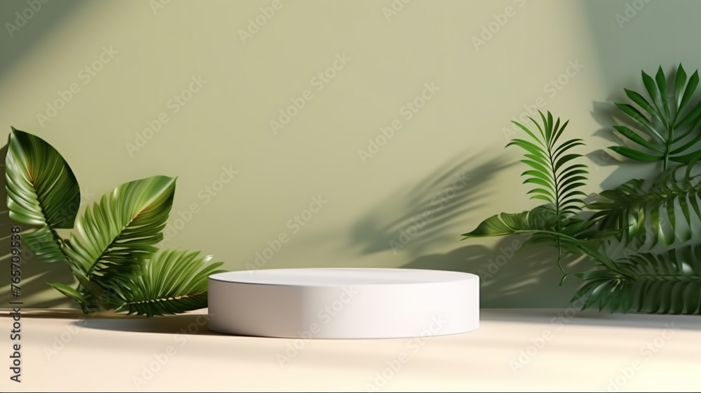 White podium with green leaves decoration for product display and presentation background. Product shelf standing mockup.