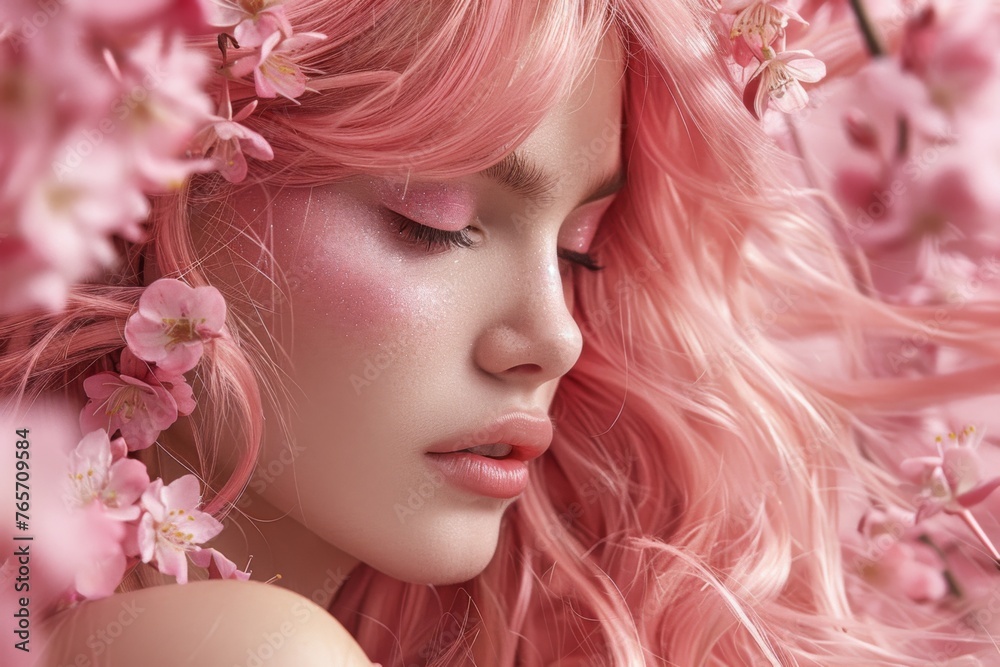 Close-Up of Woman with Pink Hair and Cherry Blossoms
