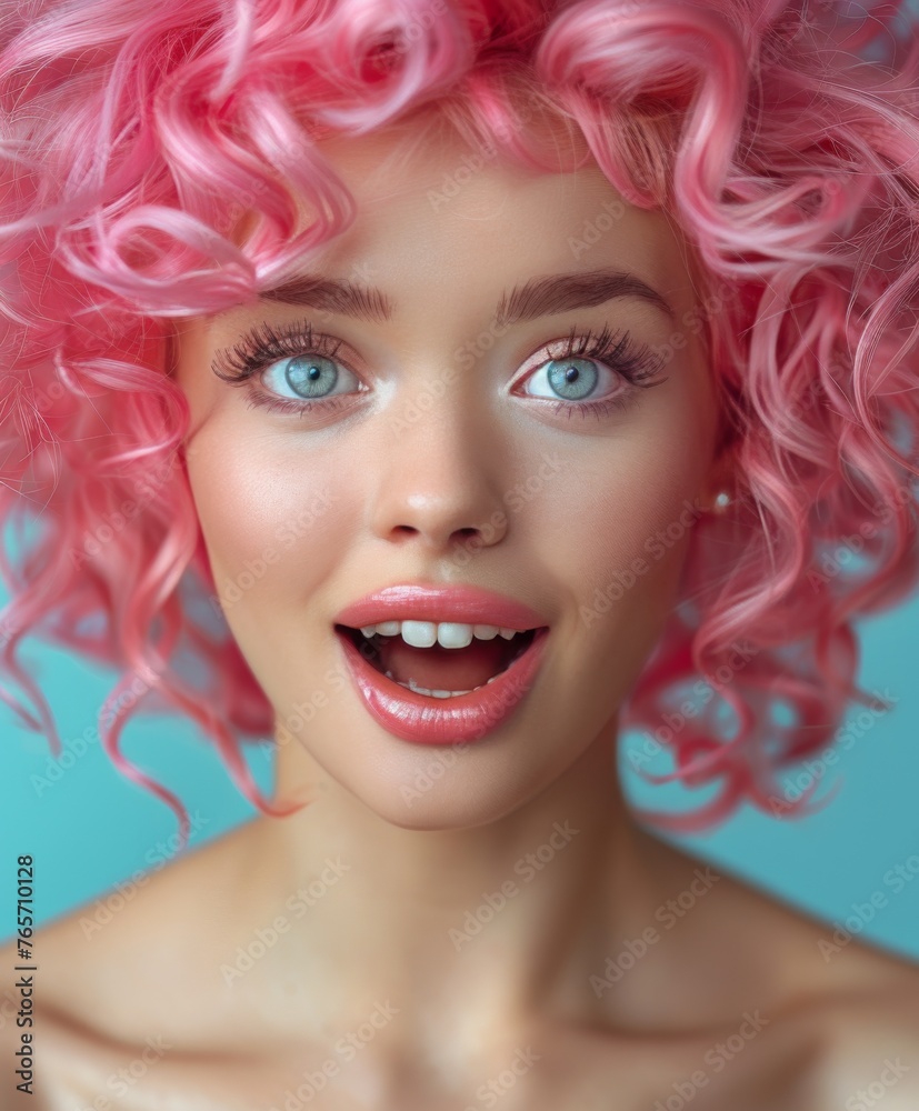 A woman with pink hair is smiling and laughing