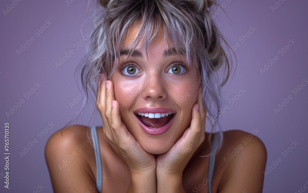 A woman with long brown hair and blue eyes is smiling and making a silly face
