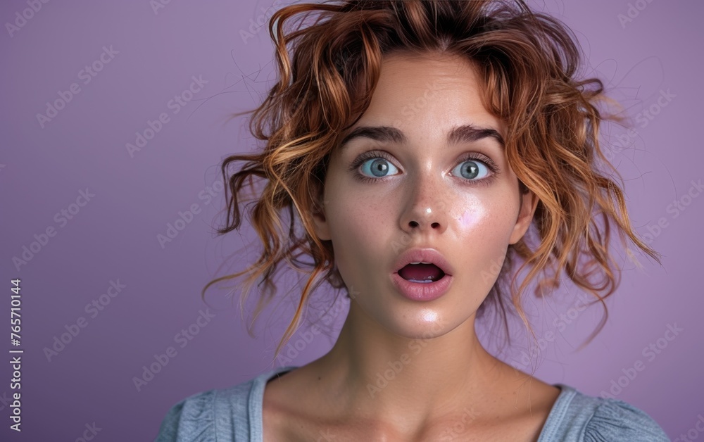 A woman with red hair and blue eyes is looking surprised