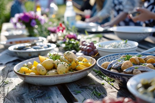 Fresh outdoor summer dining with a variety of dishes in warm sunlight. Outdoor midsummer feast, Sweden