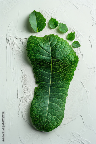 An artistic impression of an ecological footprint made of green leaves on a white textured background. photo
