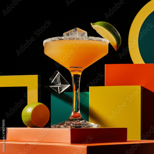Margarita cocktail deep blacks and bright saturated colors, geometric shapes, bold colors, and a playful juxtaposition of elements. © stefanholm
