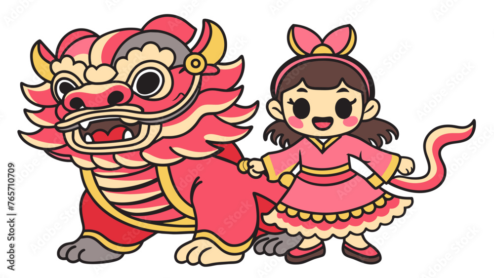 Naklejka premium hand-drawn-Chinese-lion-dance-with-Chinese-girl vector illustration