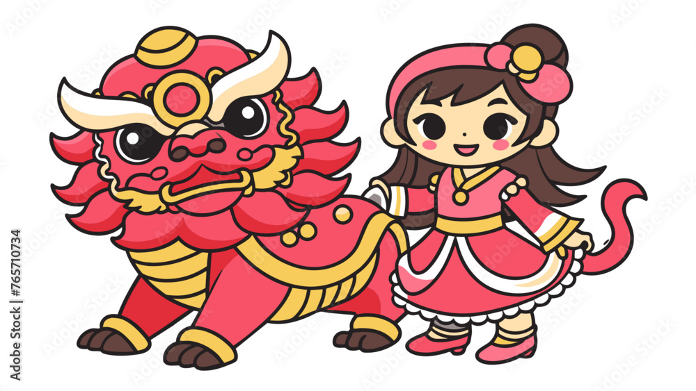 hand-drawn-Chinese-lion-dance-with-Chinese-girl vector illustration