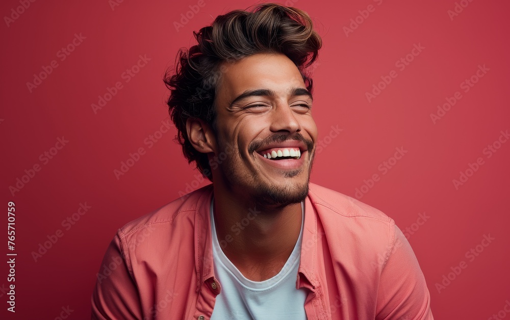 A man with a mustache and a pink shirt is smiling A man with a mustache and a pink shirt is smiling