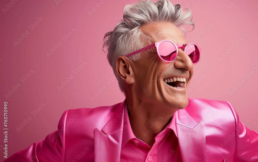 A man in a pink suit and sunglasses is smiling