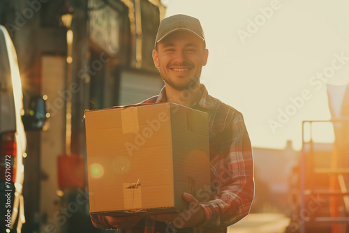 ENTREGADOR SORRINDO SEGURANDO CAIXA TRANSPORTADORA