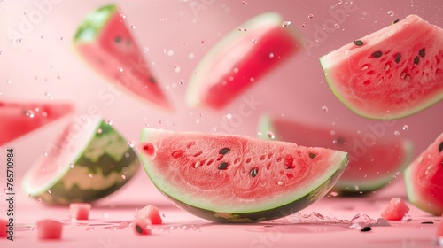Falling pieces of watermelon on a pink background. Watermelon background.