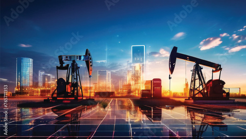 The concept of rising gasoline prices with the double exposure of a digital screen with financial charts and oil pumps in the field is clearly visible photo