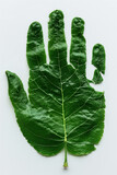 Green leaf shaped like a hand reaching out on a white background.