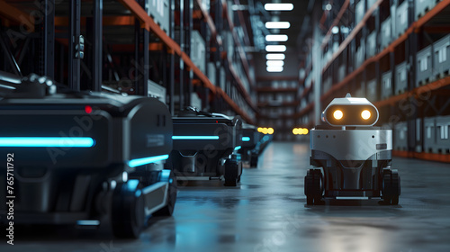 Robots inside a modern warehouse, future AI support, robotics in supply chain