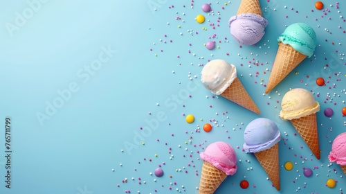 Set of multicolored ice creams in waffle cones, Flat lay of icecream cones with sprinkles on a blue background, top view of tasty ice cream template banner for a summer party invite, AI generated