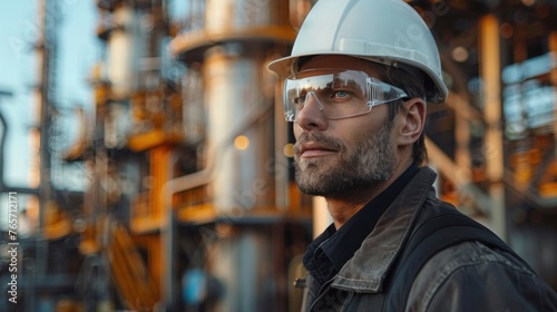 Worker in Protective Gear Standing at Oil Refinery