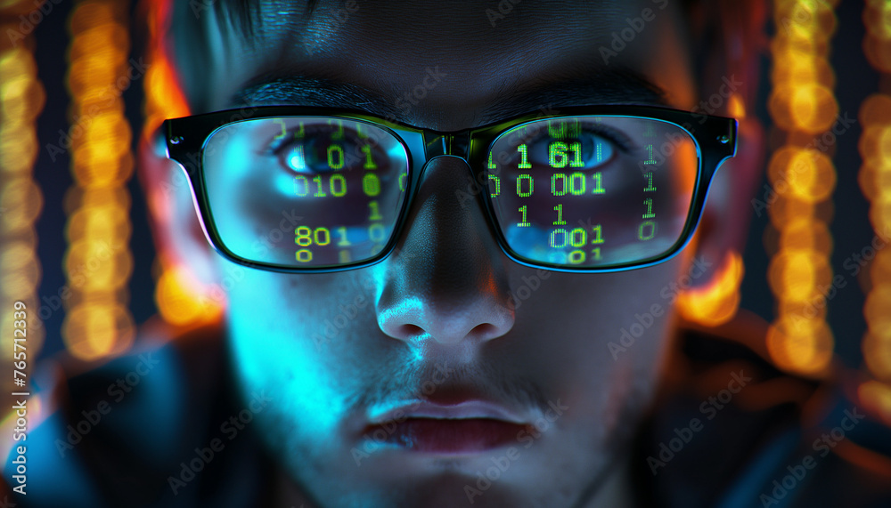 Portrait of a young male hacker wearing glasses with binary code reflecting in them. Portrait of a young male hacker wearing glasses with binary code reflecting in them.