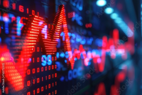 Detailed capture of a stock exchange screen showing a steep decline, with focus on the red downward arrow , 3D render