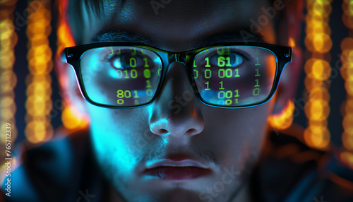 Portrait of a young male hacker wearing glasses with binary code reflecting in them.