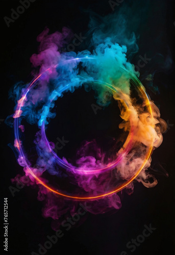 Neon circle with multicolored smoke on a black background. AI