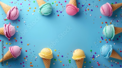 Set of multicolored ice creams in waffle cones, Flat lay of icecream cones with sprinkles on a blue background, top view of tasty ice cream template banner for a summer party invite, AI generated