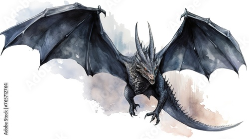 Black dragon flying with wings spread on a white isolated background