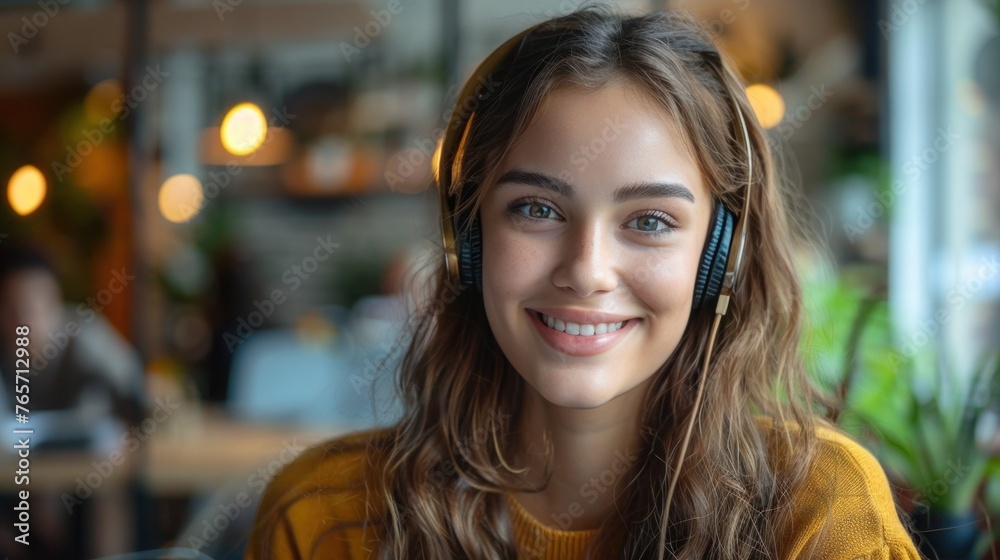 Smiling Call Center Operator in Headphones Providing Customer Support Service Smiling Call Center Operator in Headphones Providing Customer Support Service