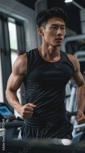 athletic Asian man is training in the gym 