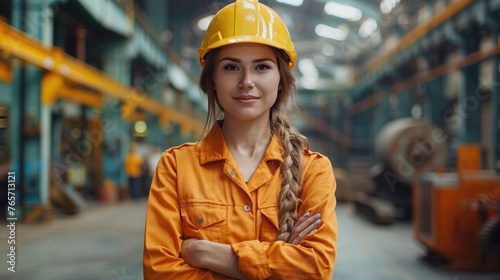 Smiling Female Engineer in Yellow Helmet and Orange Uniform at Factory © hisilly
