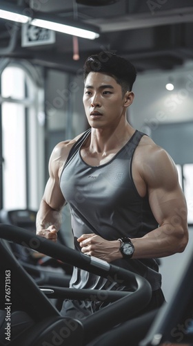 athletic Asian man is training in the gym 