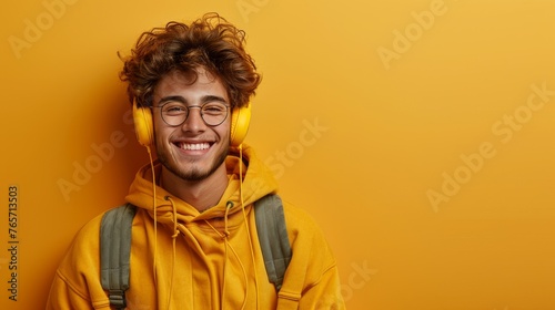 A man wearing a yellow jacket and a purple scarf is smiling