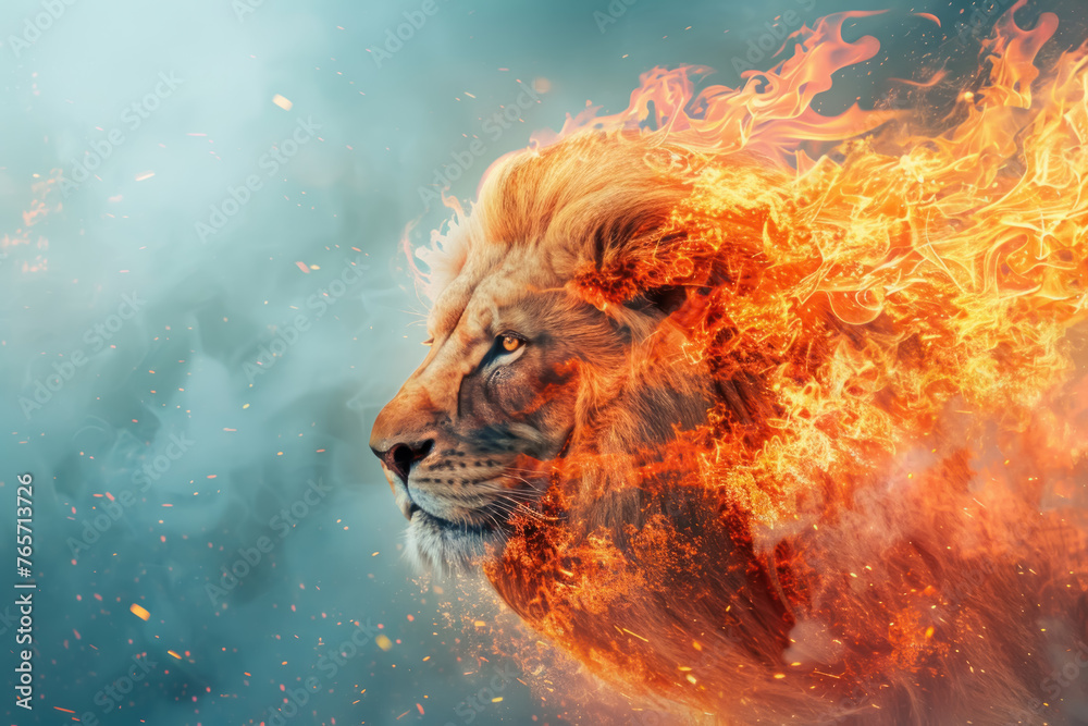 Fiery Lion Spirit: A powerful lion enveloped in flames, a digital art piece exuding strength, ferocity, and a mystical connection to the element of fire. - obrazy, fototapety, plakaty 