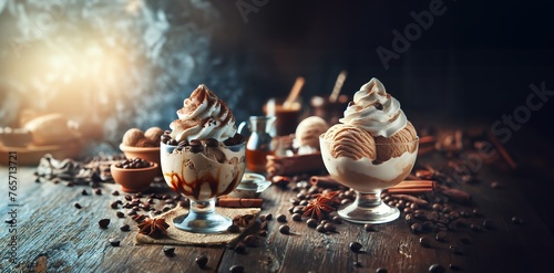 Coffee ice cream glass cups with whipped cream on top, on a slate surface. Studio lighting. Rustic style ingredients and accessories. Banner header image. © Alessandro